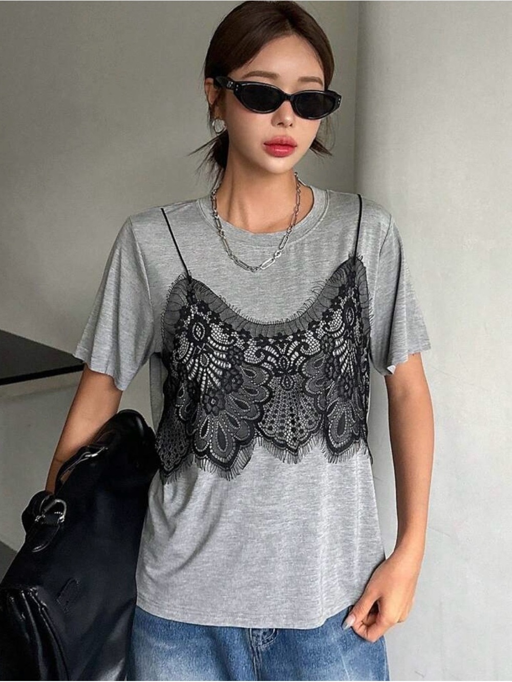 Lace-Trim Grey Tee for Women - Black Lace Overlay
